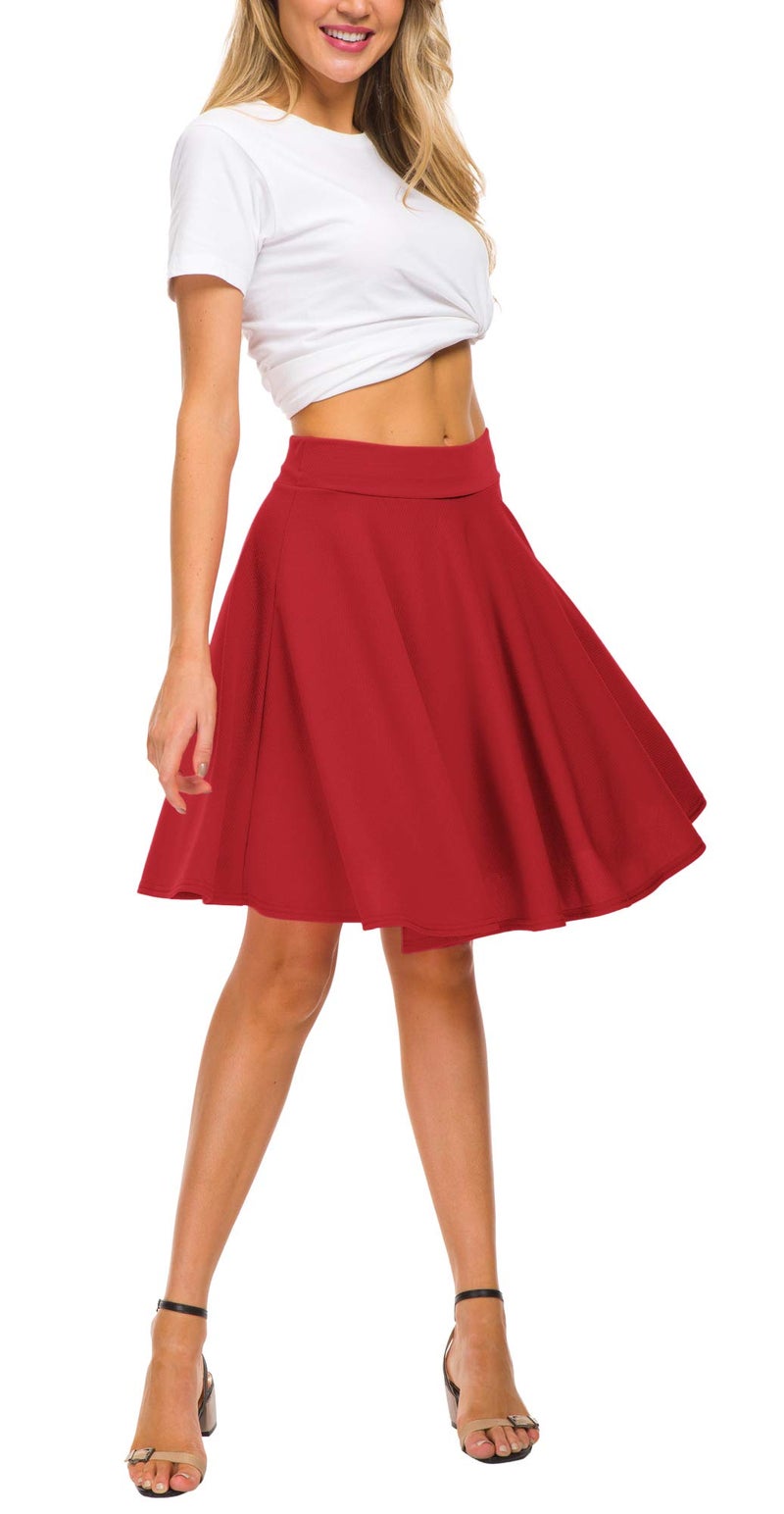 EXCHIC Women's Casual Stretchy Flared Midi Skater Skirts Basic A-Line Pleated Midi Skirt (XL, Red) - Image 2